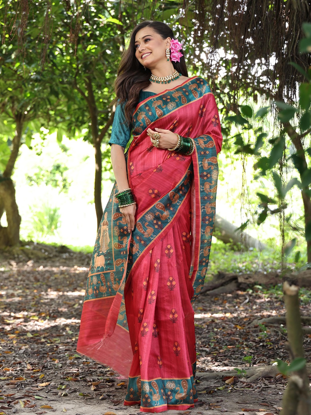 

AWRIYA Woven Design Silk Cotton Tussar Saree, Red