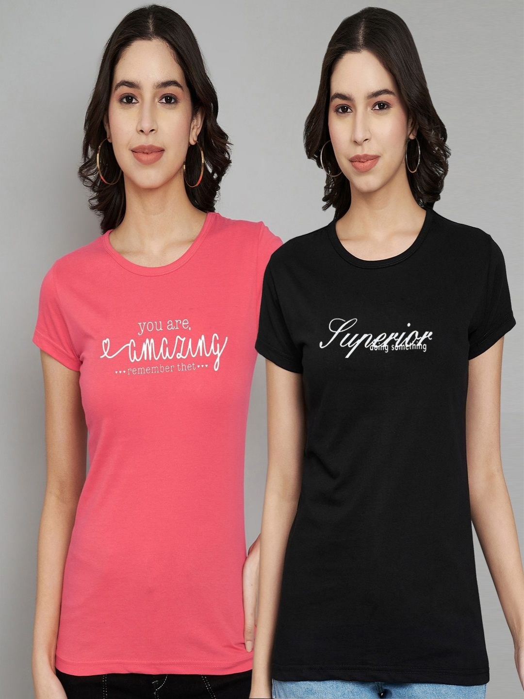 

Trend Level Women Pack Of 2 Typography Printed Round Neck Cotton T-shirts, Coral