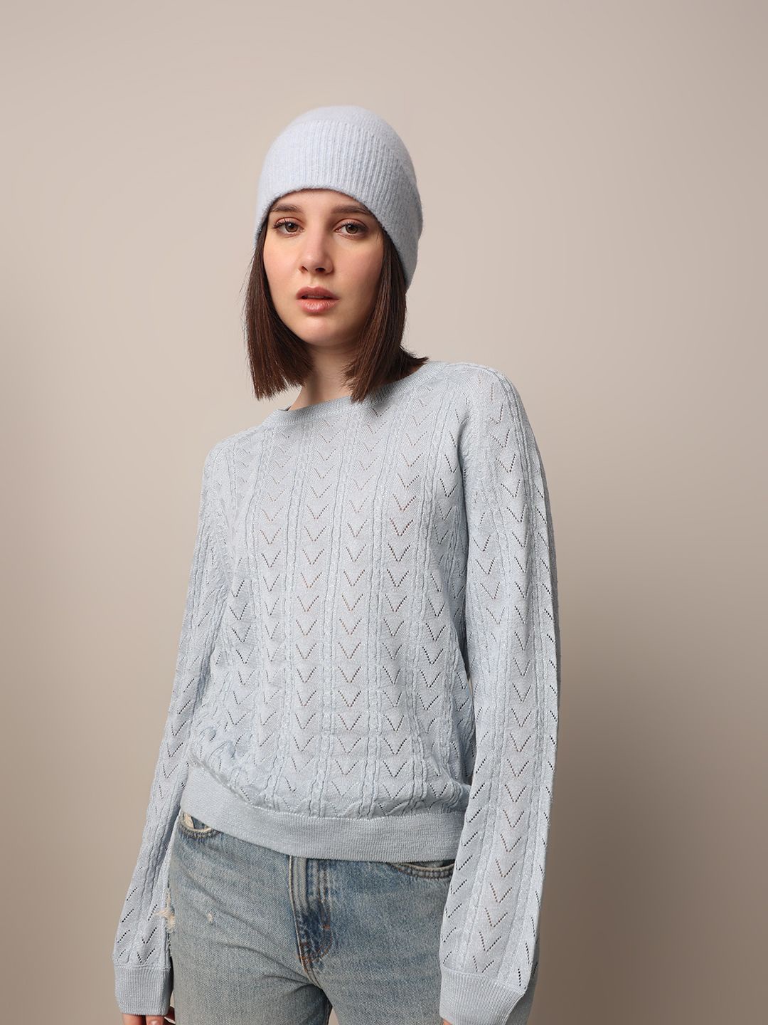 

ONLY Women Self Design Open Knit Pullover Ribbed Sweater, Blue