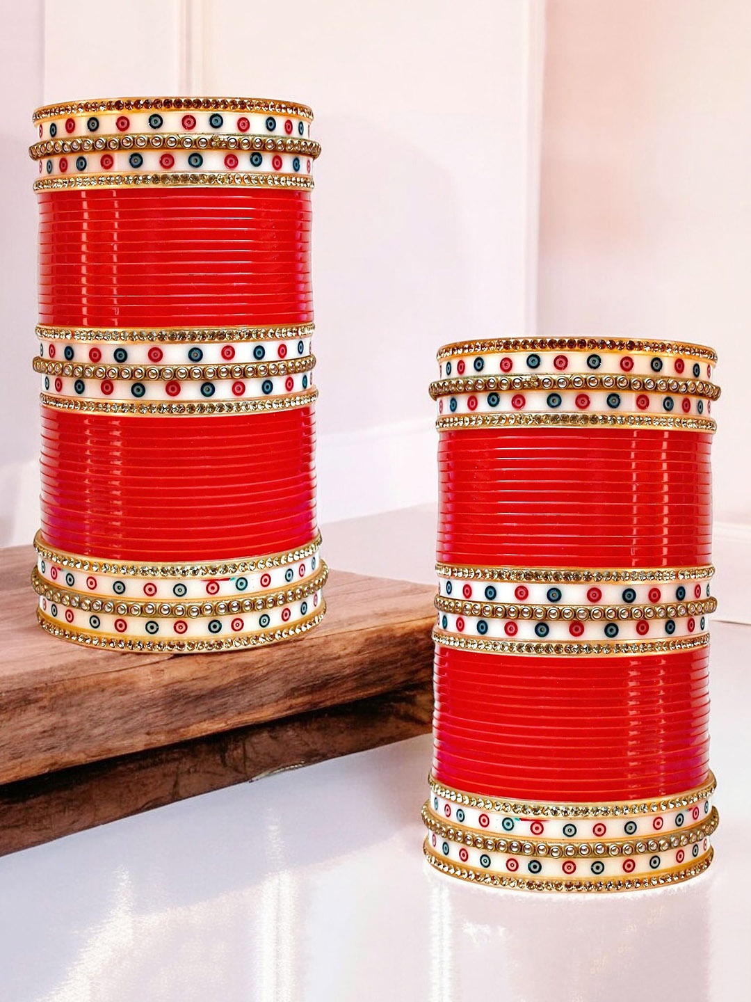 

LUCKY JEWELLERY Stone-Studded Punjabi Chura Bridal Wedding Bangle Set, Red