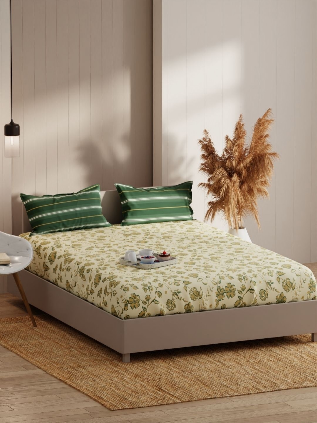 

KOPA Yellow Floral 152 TC Microfiber Fitted Queen Bedsheet Set 1.80 m x 1.98 m x 25 cm