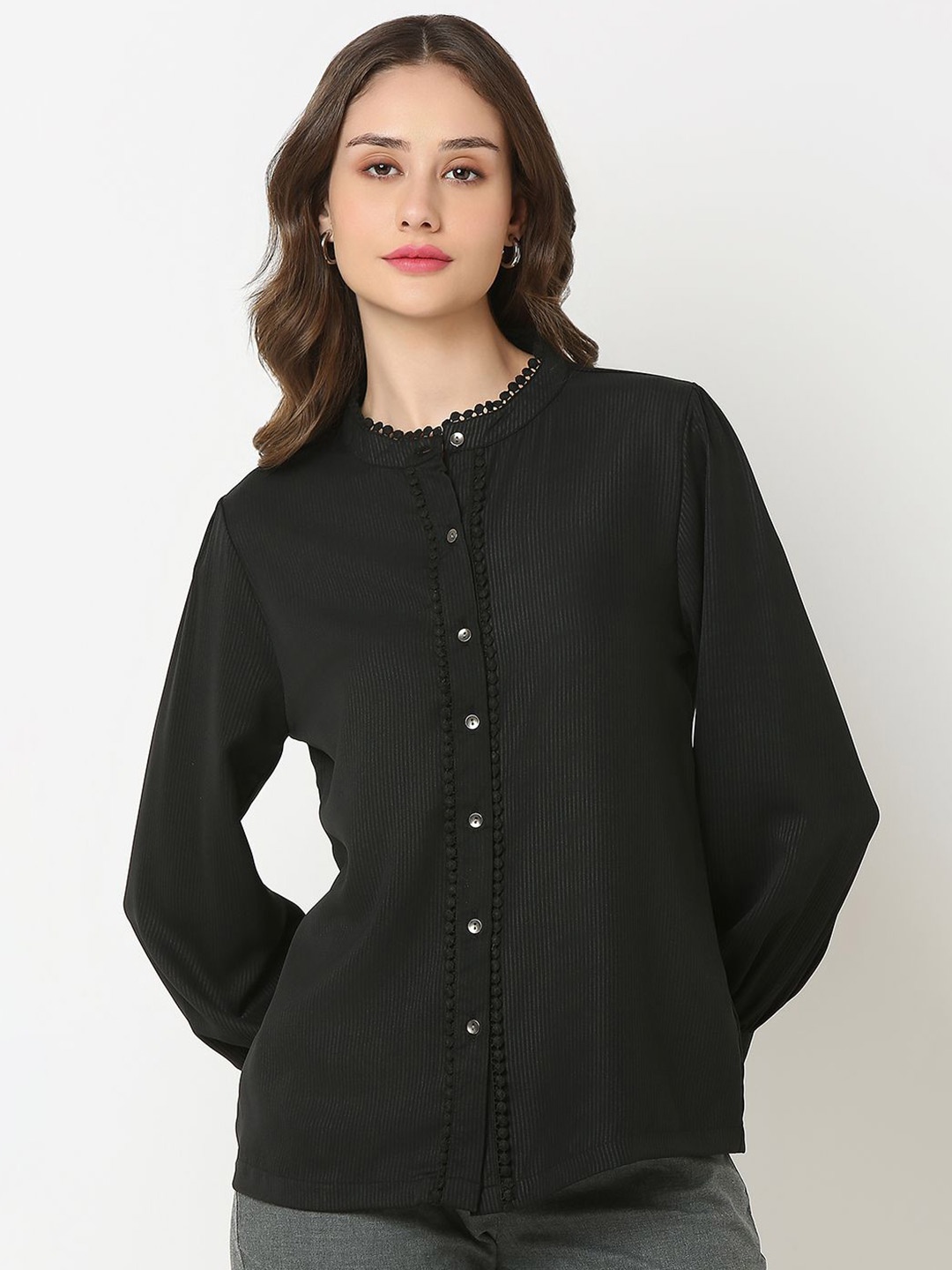 

NOT SO PINK Women Premium Mandarin Collar Solid Cotton Formal Shirt, Black