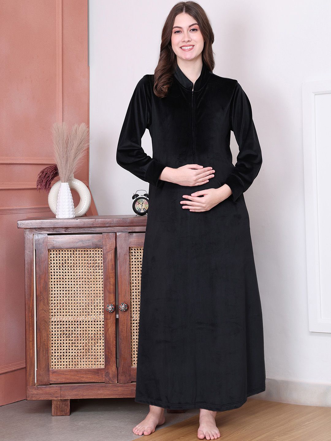 

Secret Wish Women Velvet Woolen Maternity Maxi Nightdress, Black