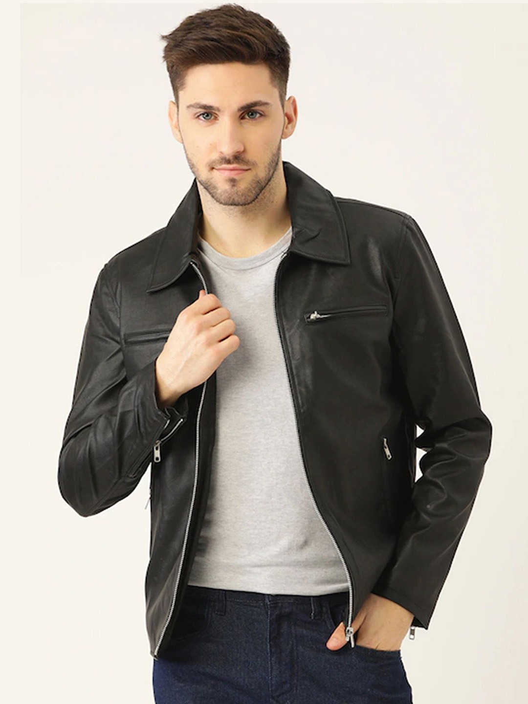 

Leather Retail Men Spread Collar Solid PU Casual Biker Jacket, Black