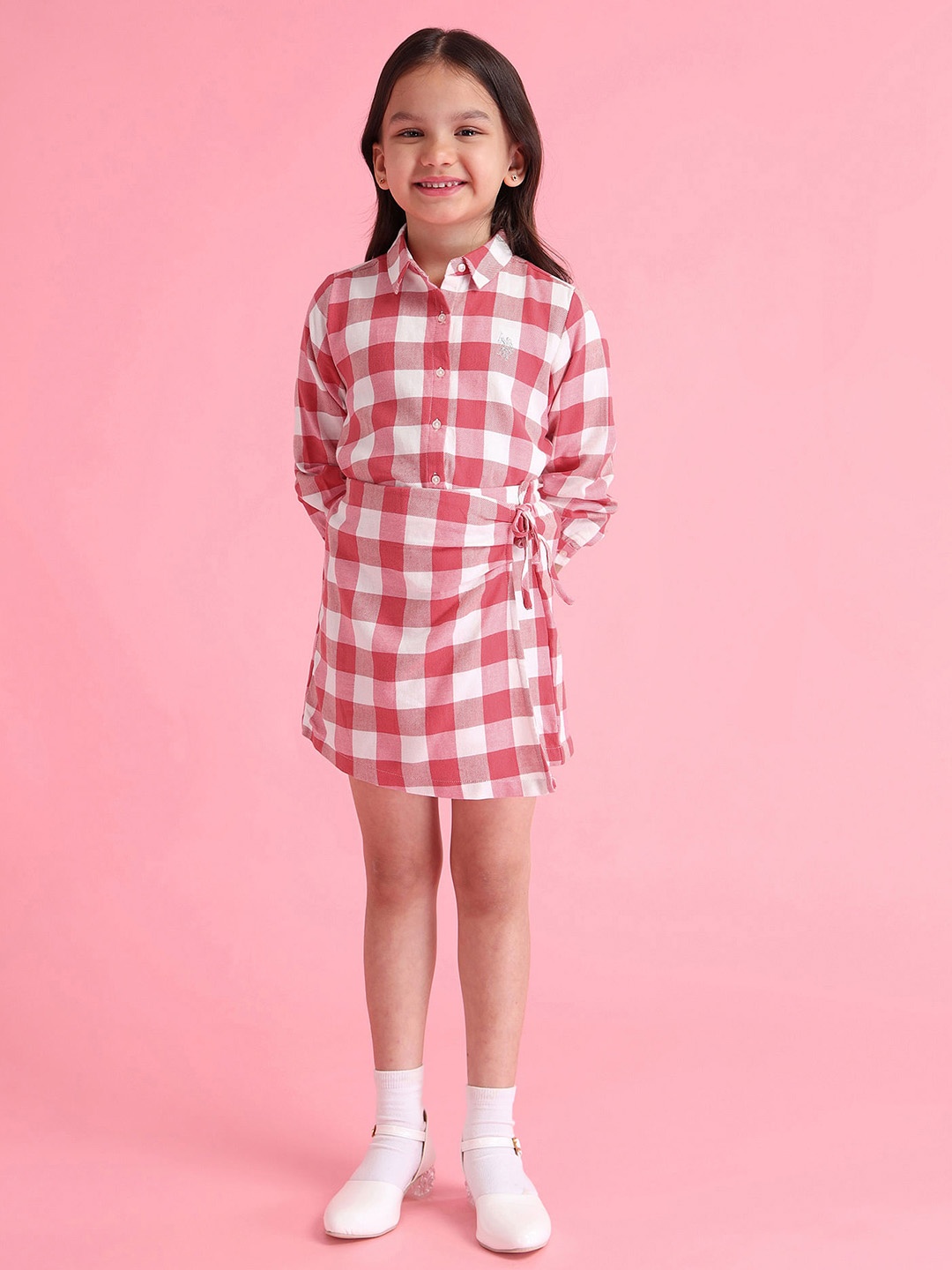 

U.S. Polo Assn. Kids Girls Pure Cotton Checked Wrap Mini Skirt, Red