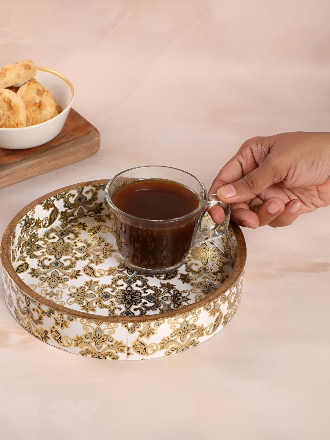 

THE HOME CO. White & Gold Toned 2024 Glass Printed Serving Tray
