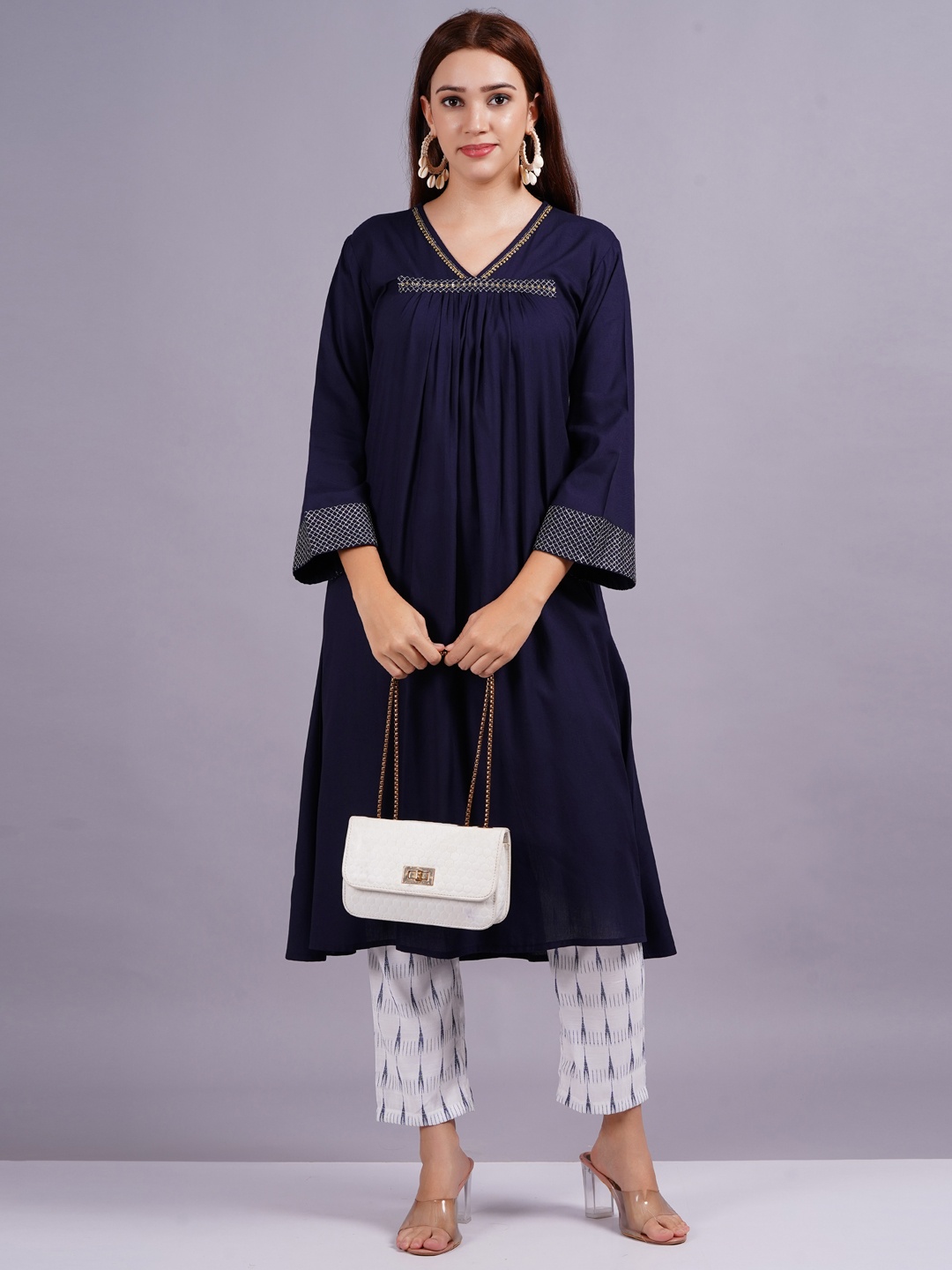 

HIGHLIGHT FASHION EXPORT V-Neck Puffed Sleeves Zardozi A-Line Kurta with Trousers, Navy blue
