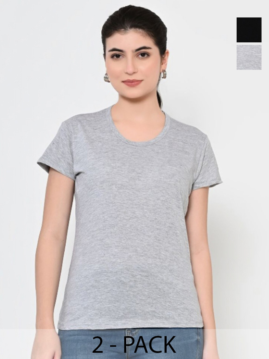 

BAESD Women Pack Of 2 Solid Round Neck Cotton T-shirts, Grey