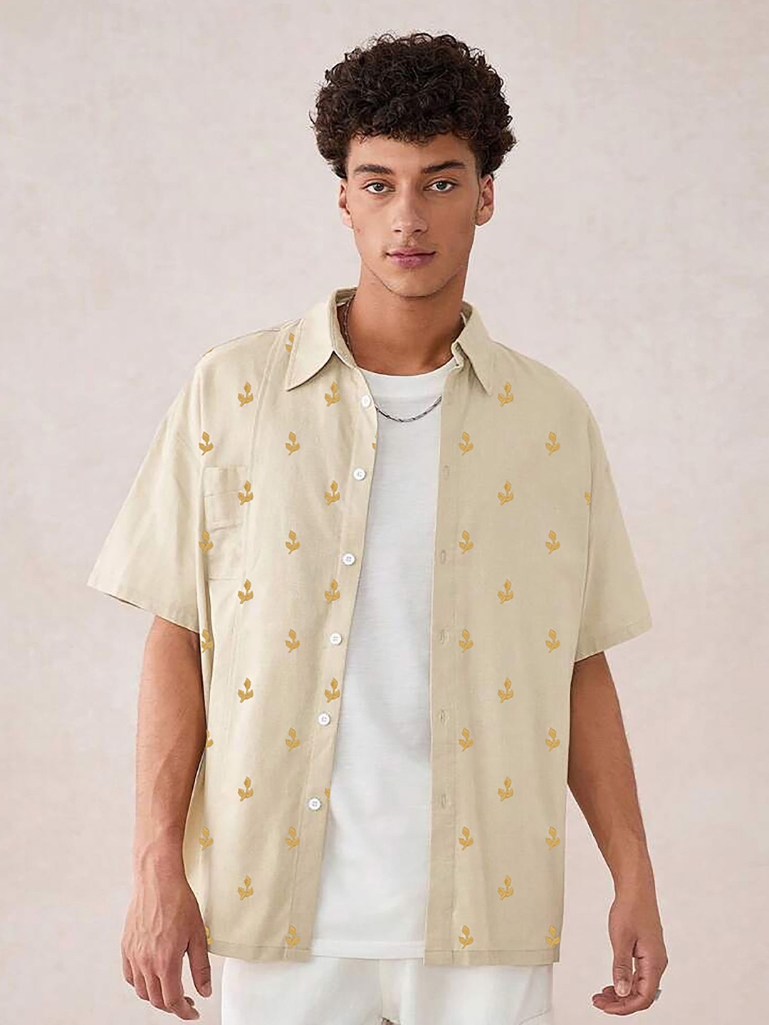 

HAMPTONS Mens Pure Cotton Embroidered Half Sleeve Shirt, Cream