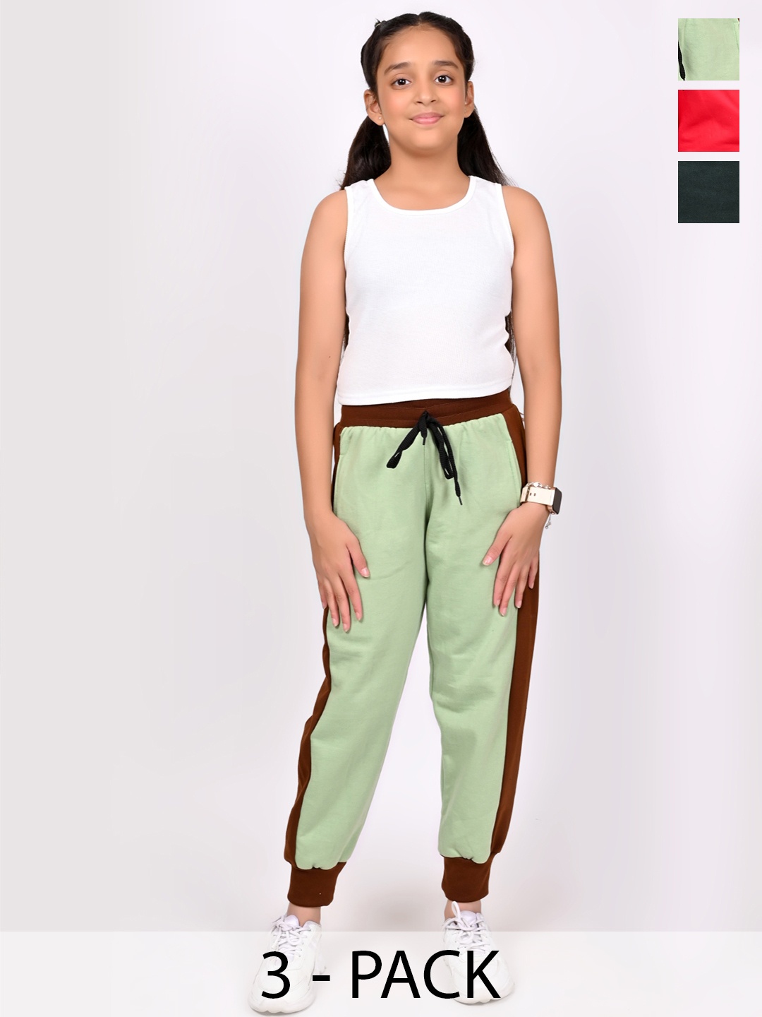

BAESD Girls Pack Of 3 Colourblocked Mid-Rise Joggers, Green