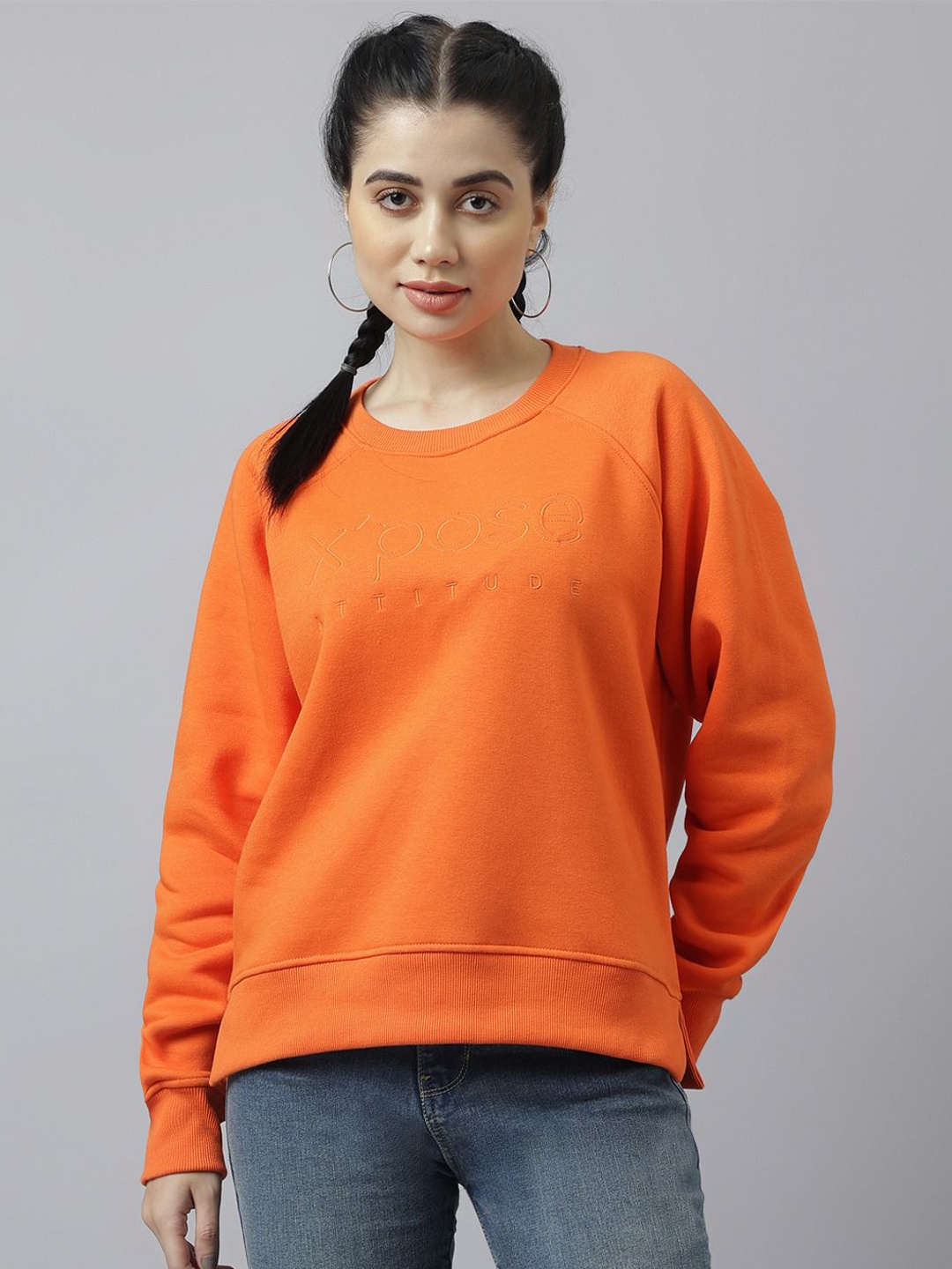 

Xpose Women Solid Round Neck Fleece Pullover Sweatshirt, Orange