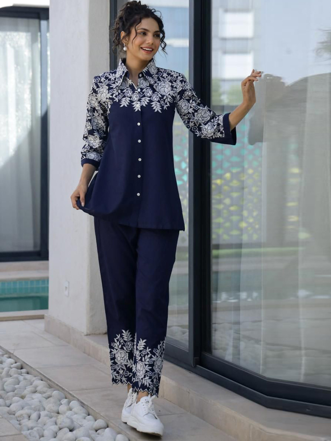 

FLAVIA CREATION Women Printed Collar Neck Pure Cotton Shirt & Trousers Co-Ords, Blue