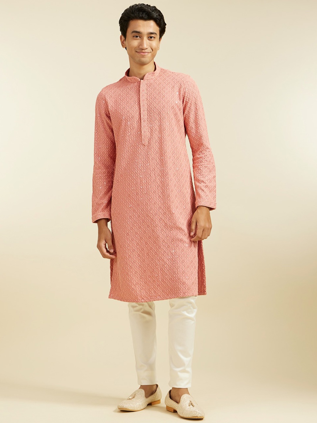 

Diwas by Manyavar Men Embroidered Chikankari & Sequinned Mandarin Collar Kurta, Peach