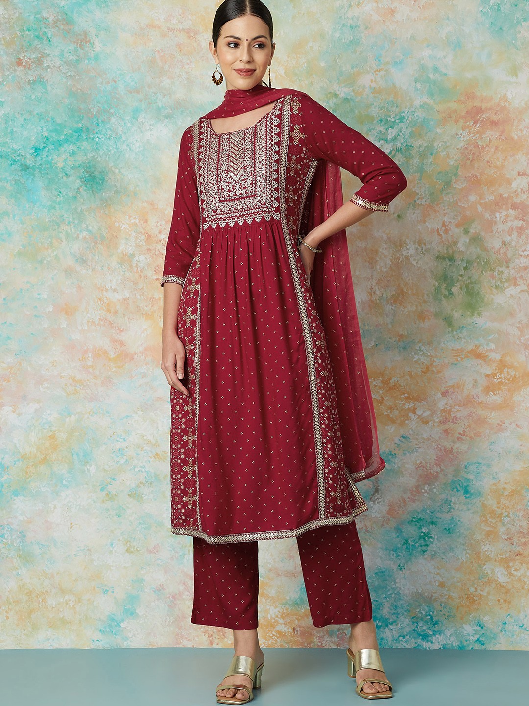 

Melange by Lifestyle Ethnic Motifs Embroidered A-Line Kurta With Pyjamas & Dupatta, Red