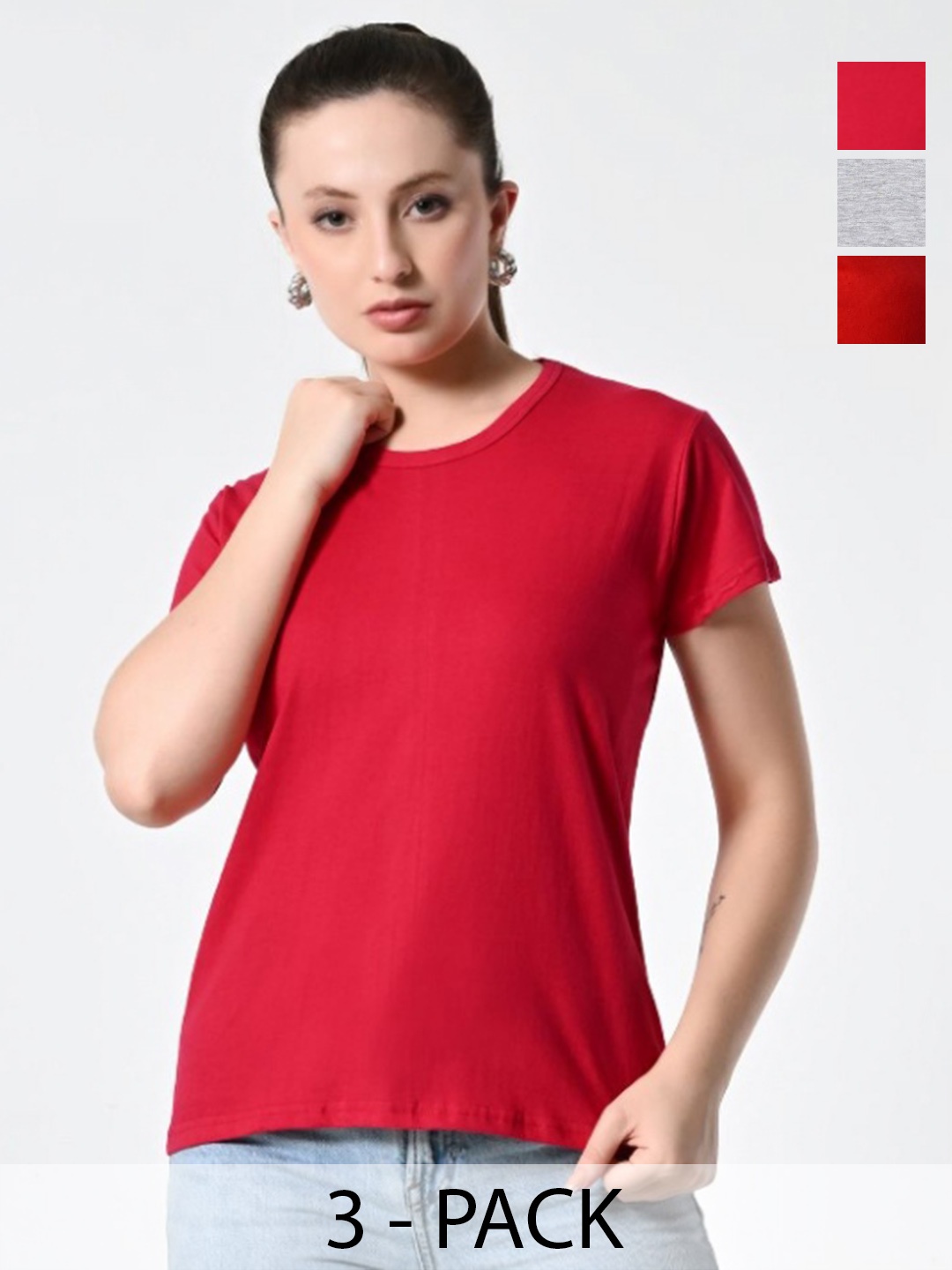 

BAESD Women Pack Of 3 Solid Round Neck Cotton Slim Fit T-shirts, Red
