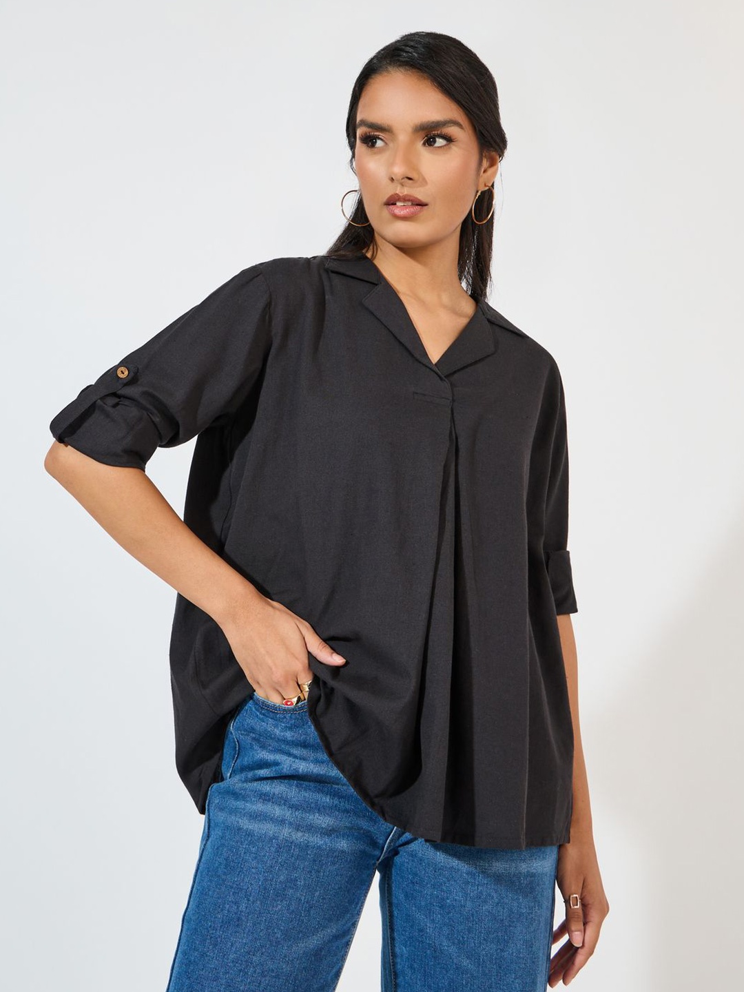 

Styli Women Spread Collar Solid Cotton Casual Shirt, Black