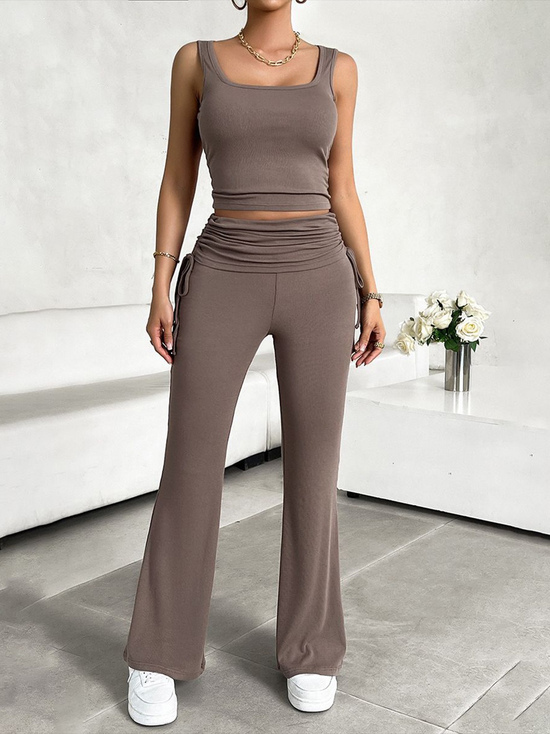 

StyleCast Women Sleeveless Top With Trousers Co-Ords, Brown
