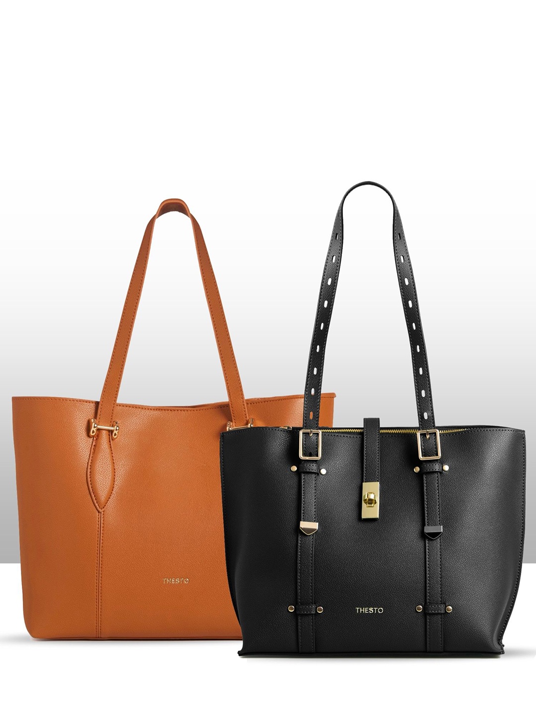 

THESTO Pack Of 2 Solid Structured Shoulder Bags, Black