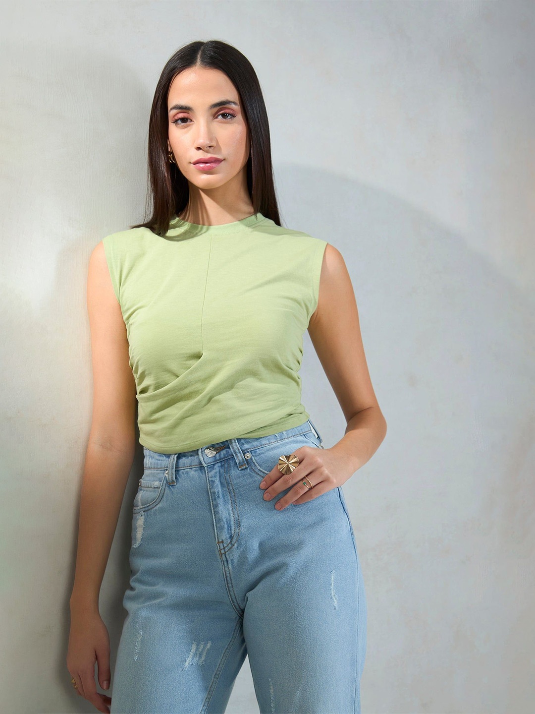 

Virgio Women Cotton Round Neck Regular Length Solid Extended Sleeve Top, Green