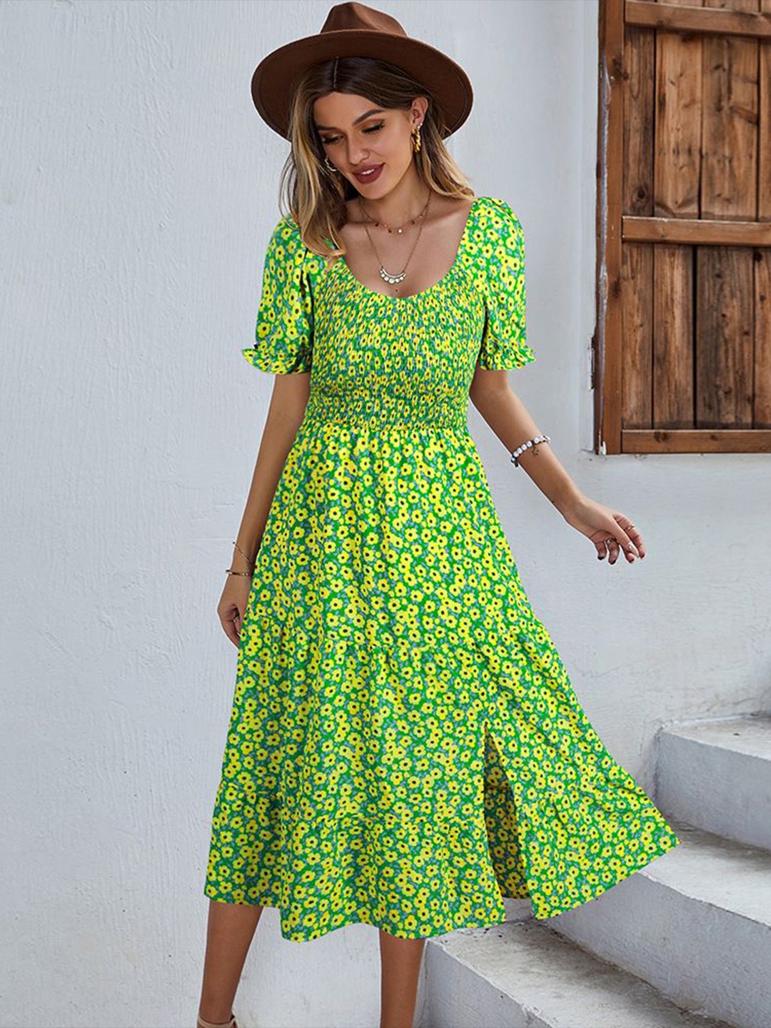 

StyleCast Floral Print Puff Sleeve A-Line Midi Dress, Green
