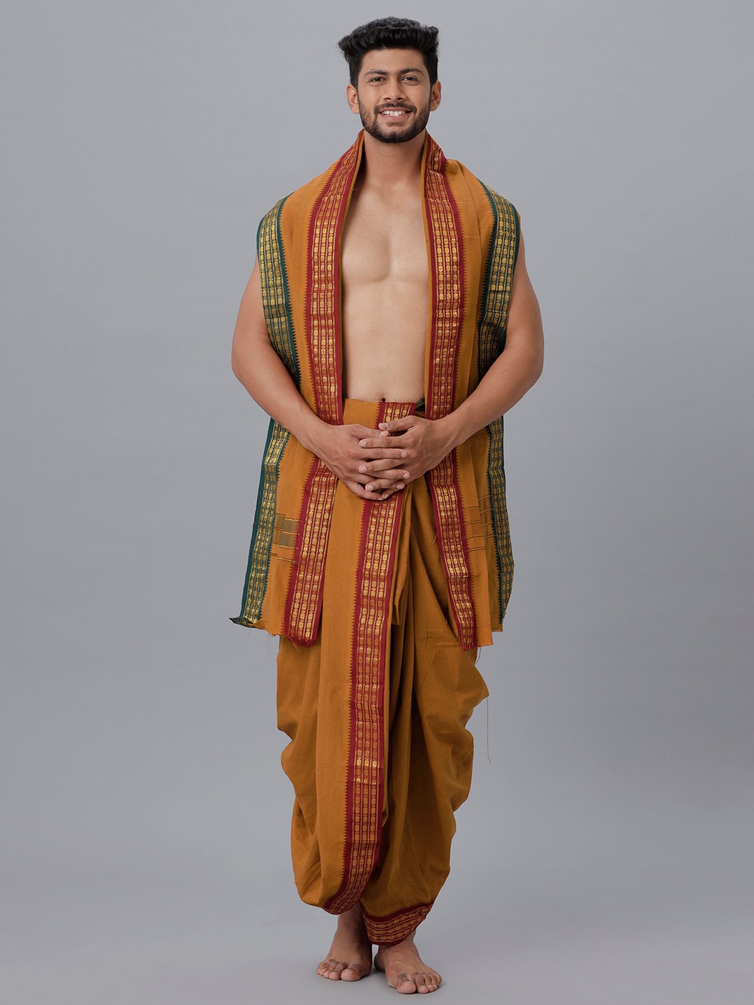 

Ramraj Men Traditional Panchakacham with Angavastram, Brown