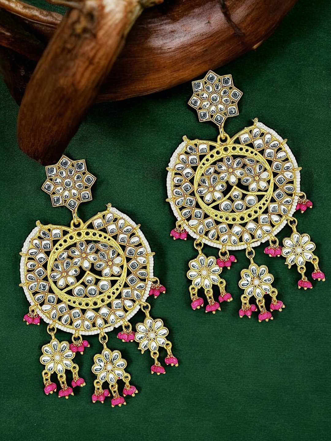 

9blings Gold Plated Kundan Studded Crescent Shaped Chandbalis