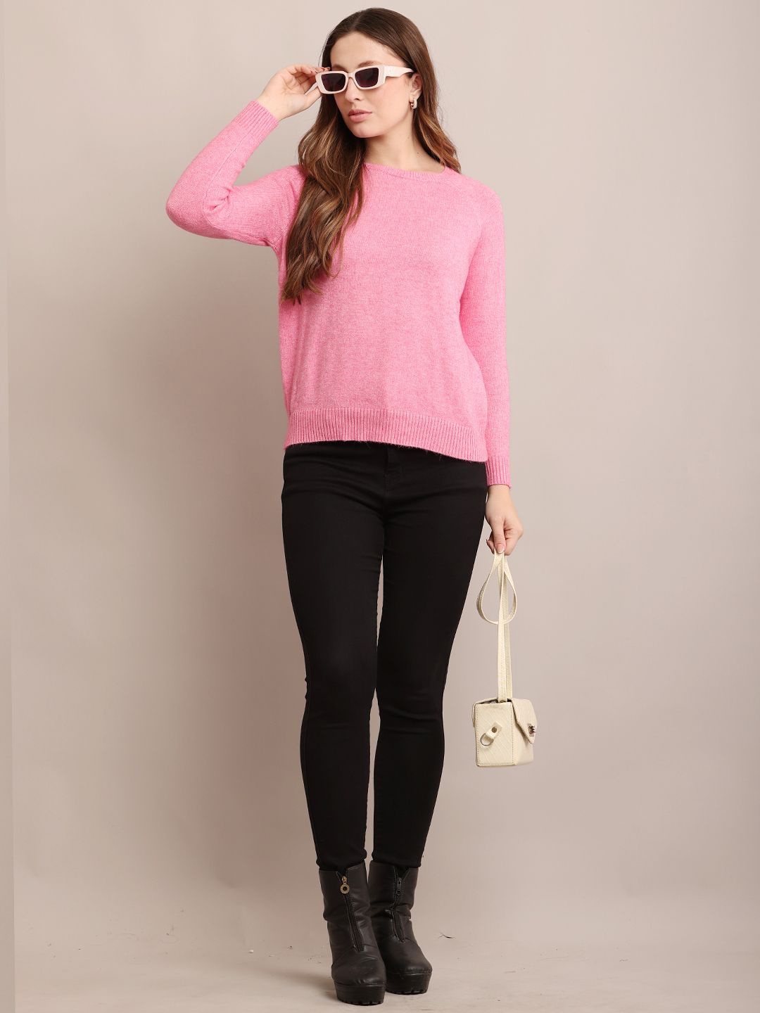 

NoBarr Women Ribbed Self Design Round Neck Pullover Ribbed Sweater, Pink