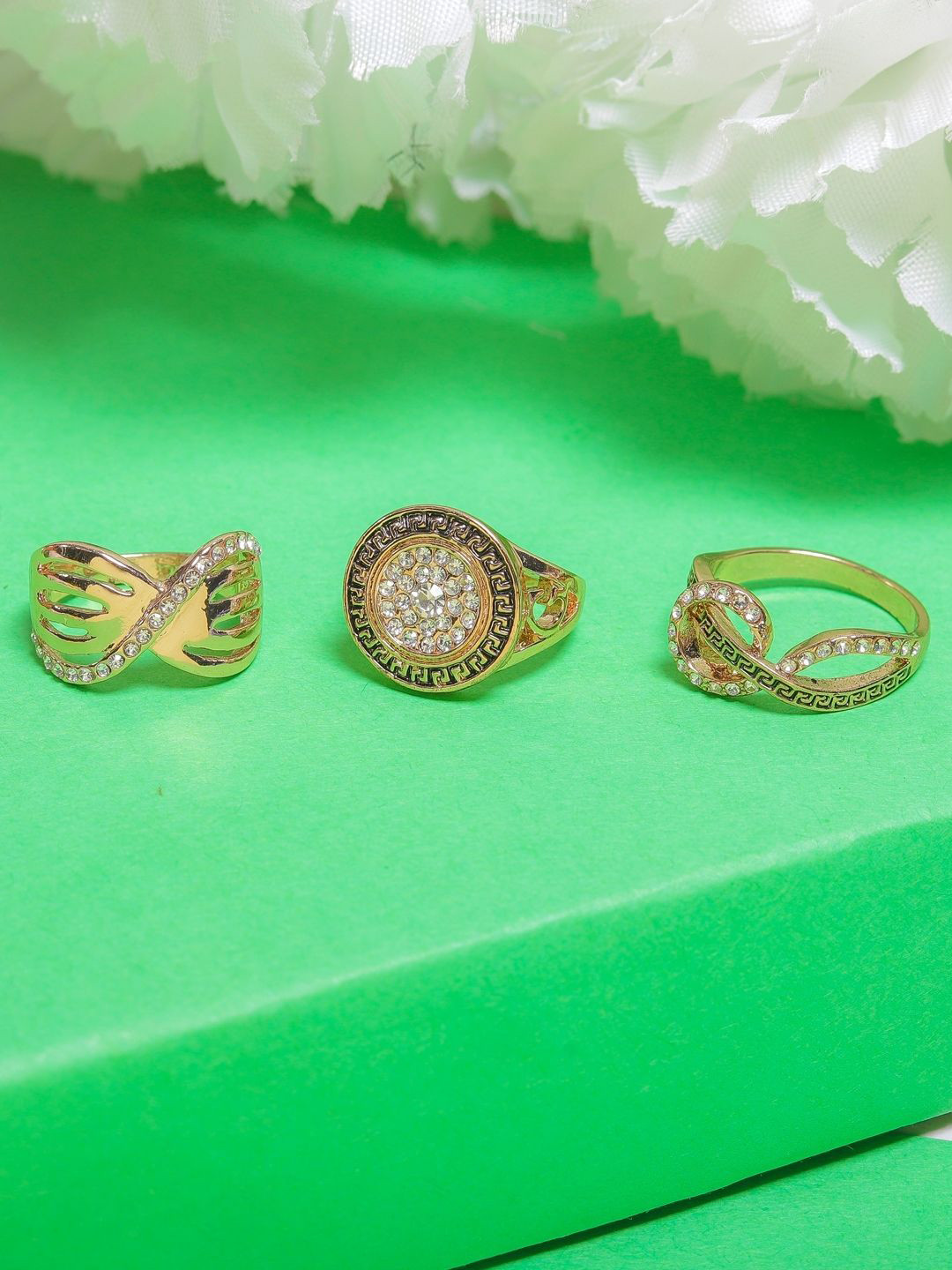 

KPOP Set Of 3 Gold Plated Cubic Zirconia Stone Studded Finger Rings