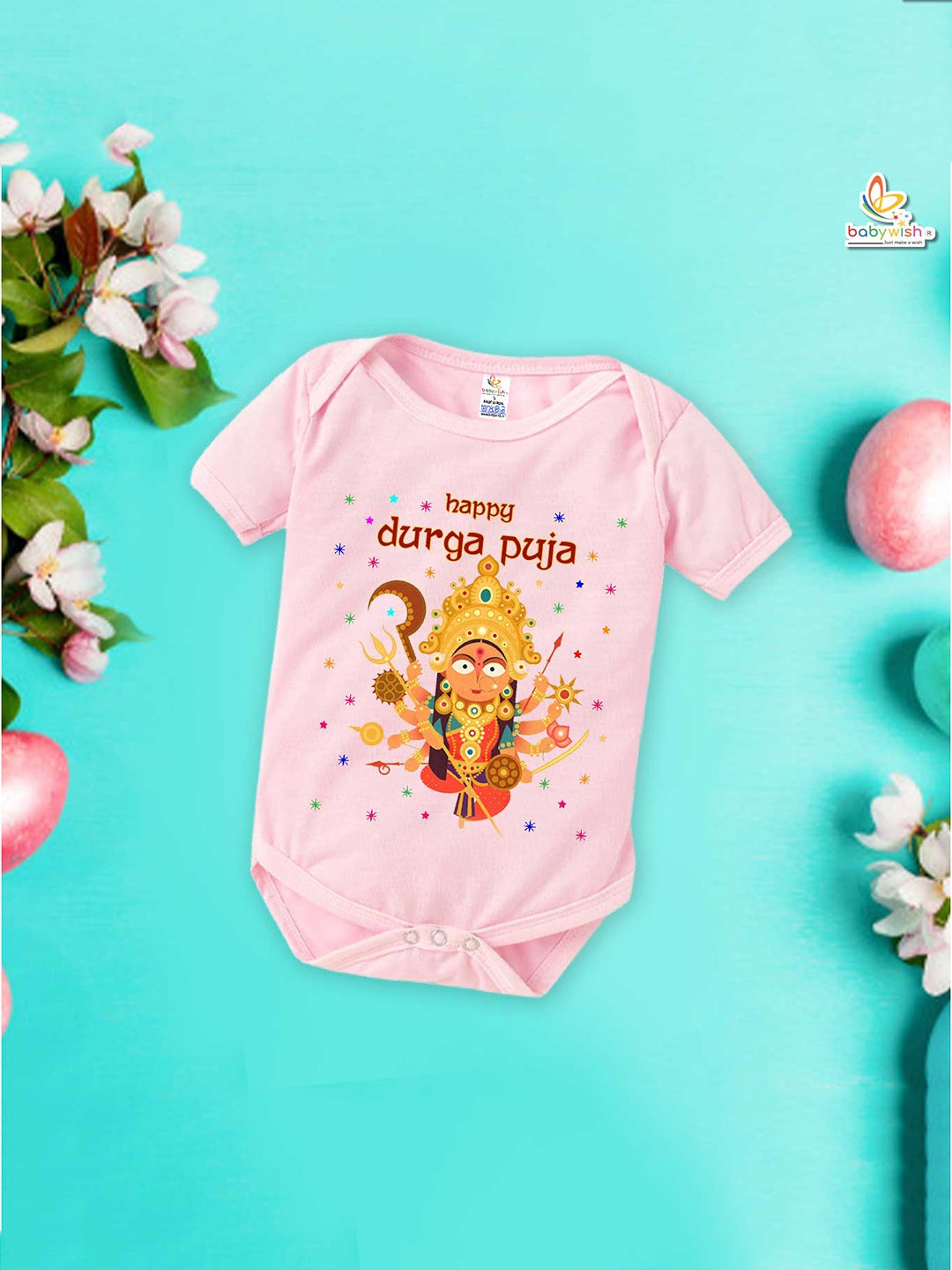 

Babywish Unisex Navaratri Special Printed Cotton Bodysuit, Pink