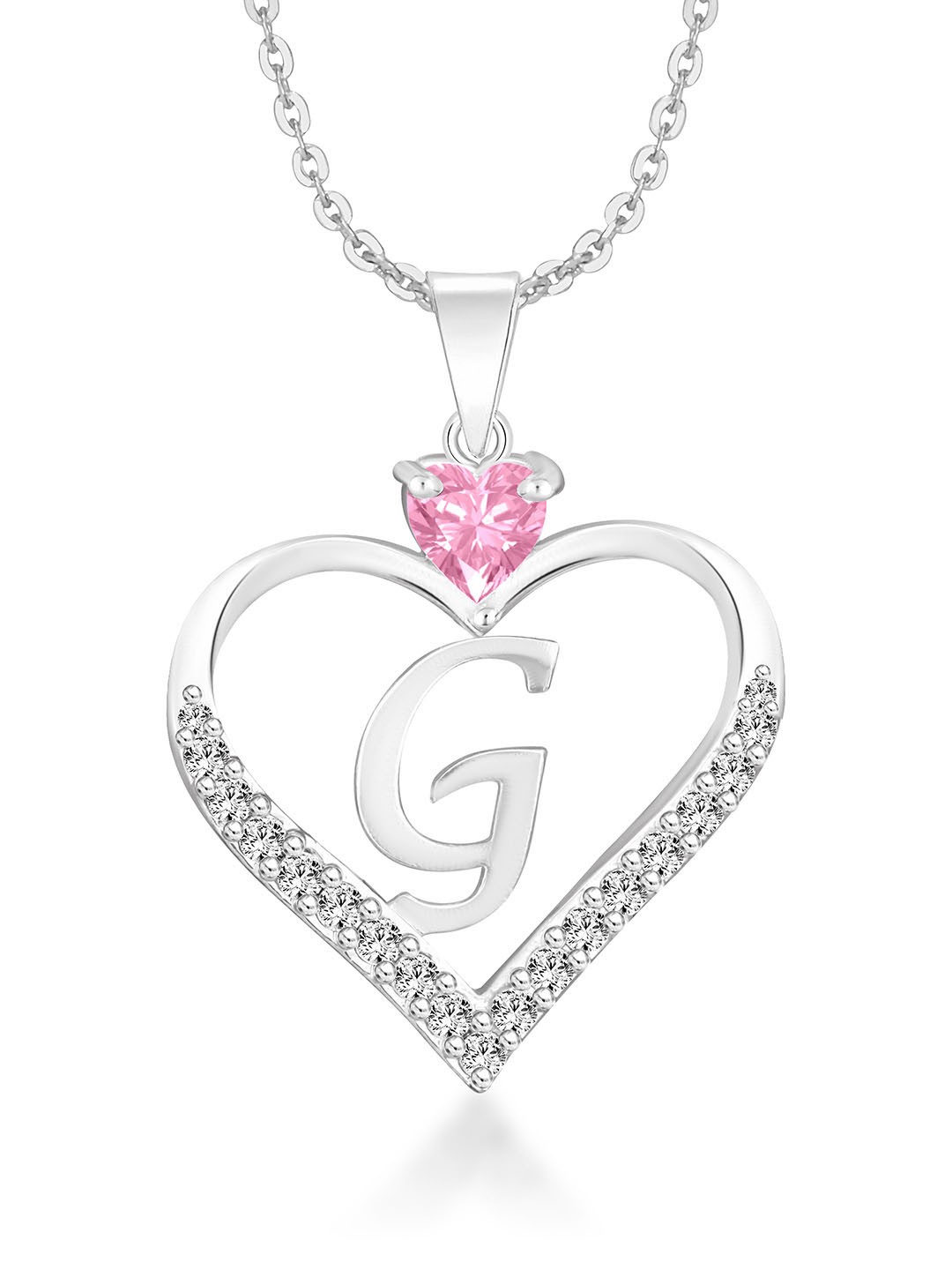 

Heer Collection Silver-Plated CZ Studded Alphabet G Heart Shaped Pendant With Chain