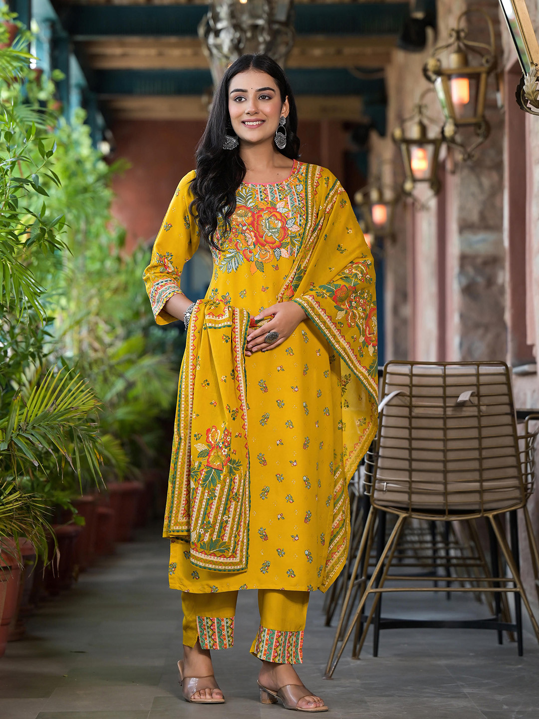 

Juniper Floral Printed Sequinned Liva Straight Kurta With Trouser & Dupatta, Mustard