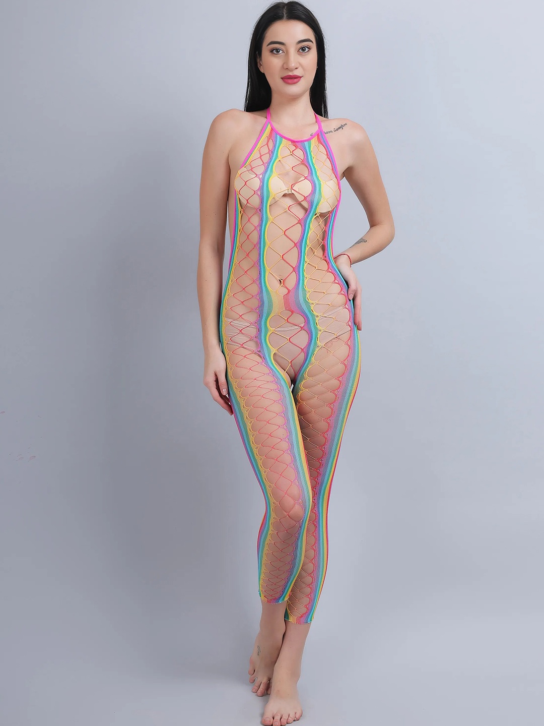 

COLOR STYLE Self Design Sheer Rainbow Full Body Stocking, Pink