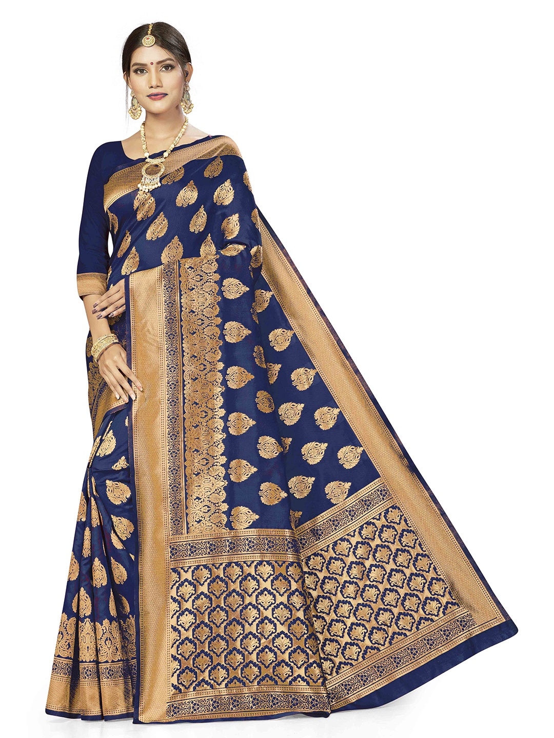 

Maroosh Ethnic Motifs Woven Design Zari Fusion Banarasi Saree, Blue