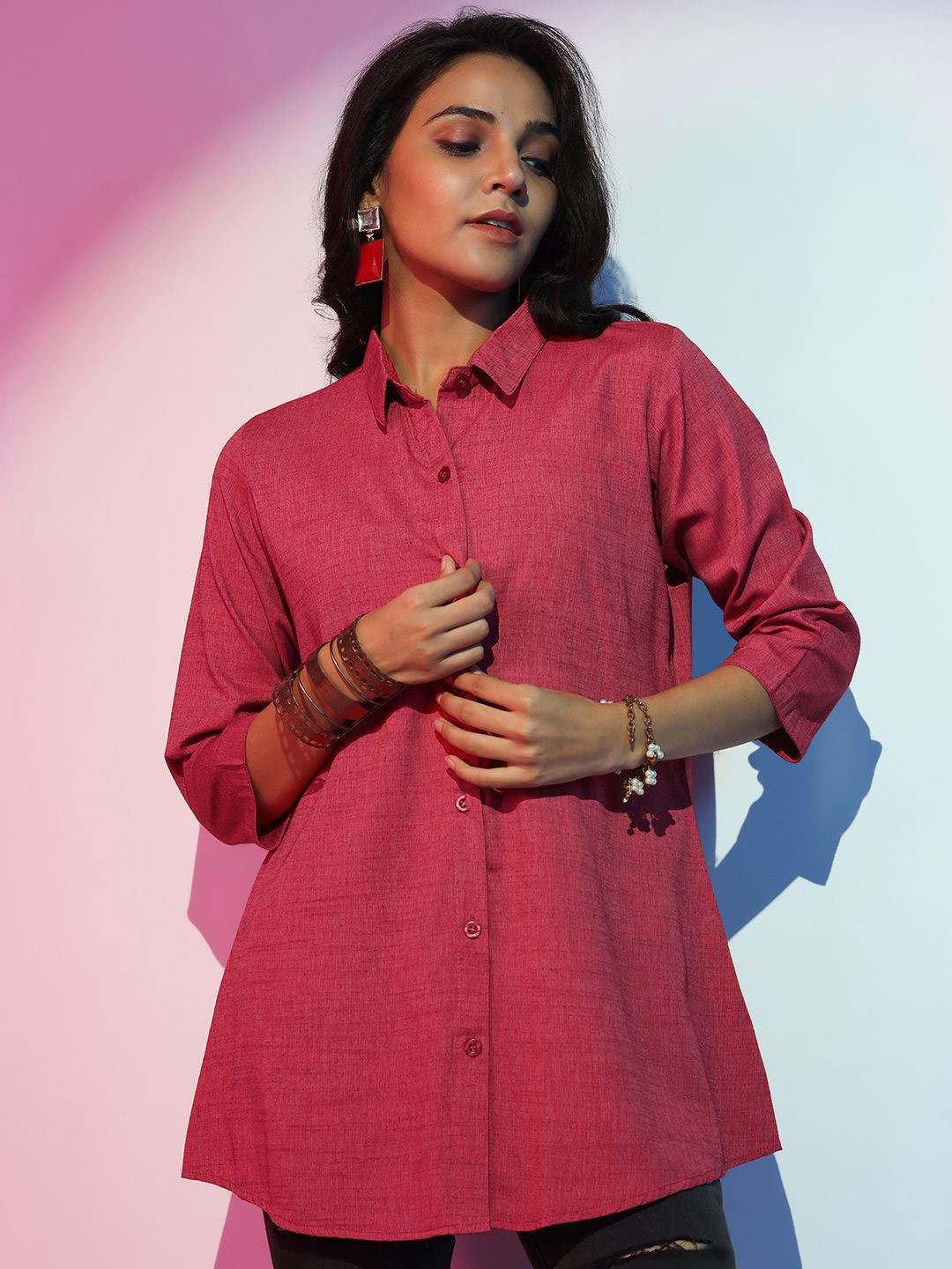 

Libas Women Solid Shirt Collar Front Open Tunic, Coral