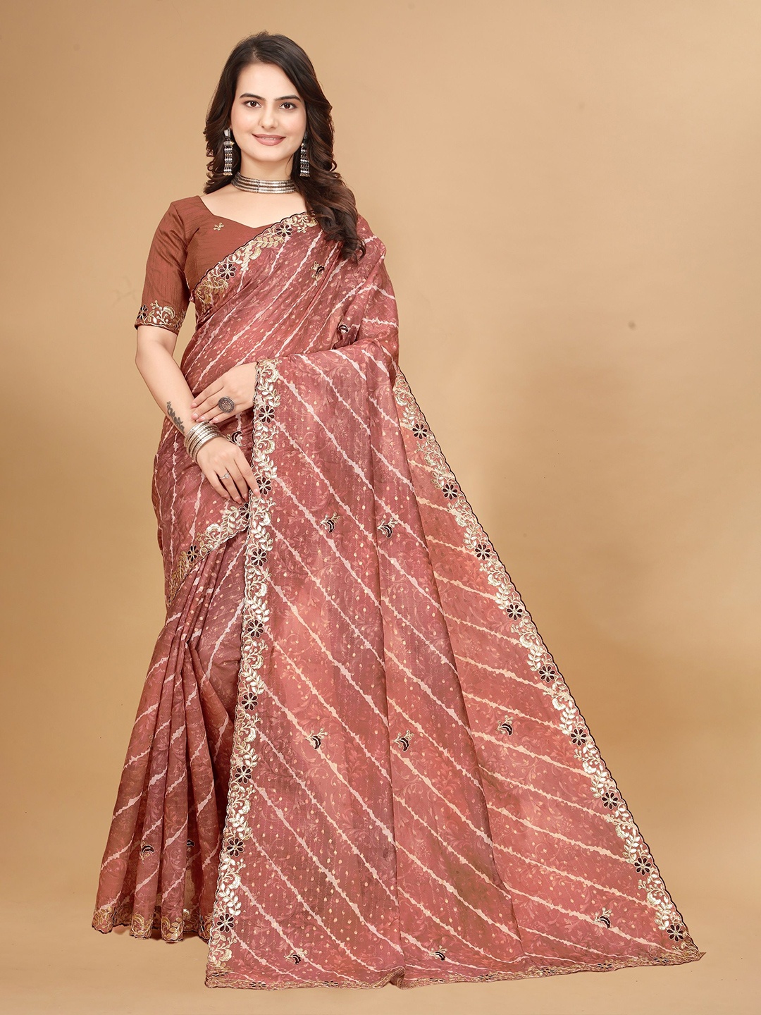 

MAHALASA Leheriya Embroidered Saree, Peach