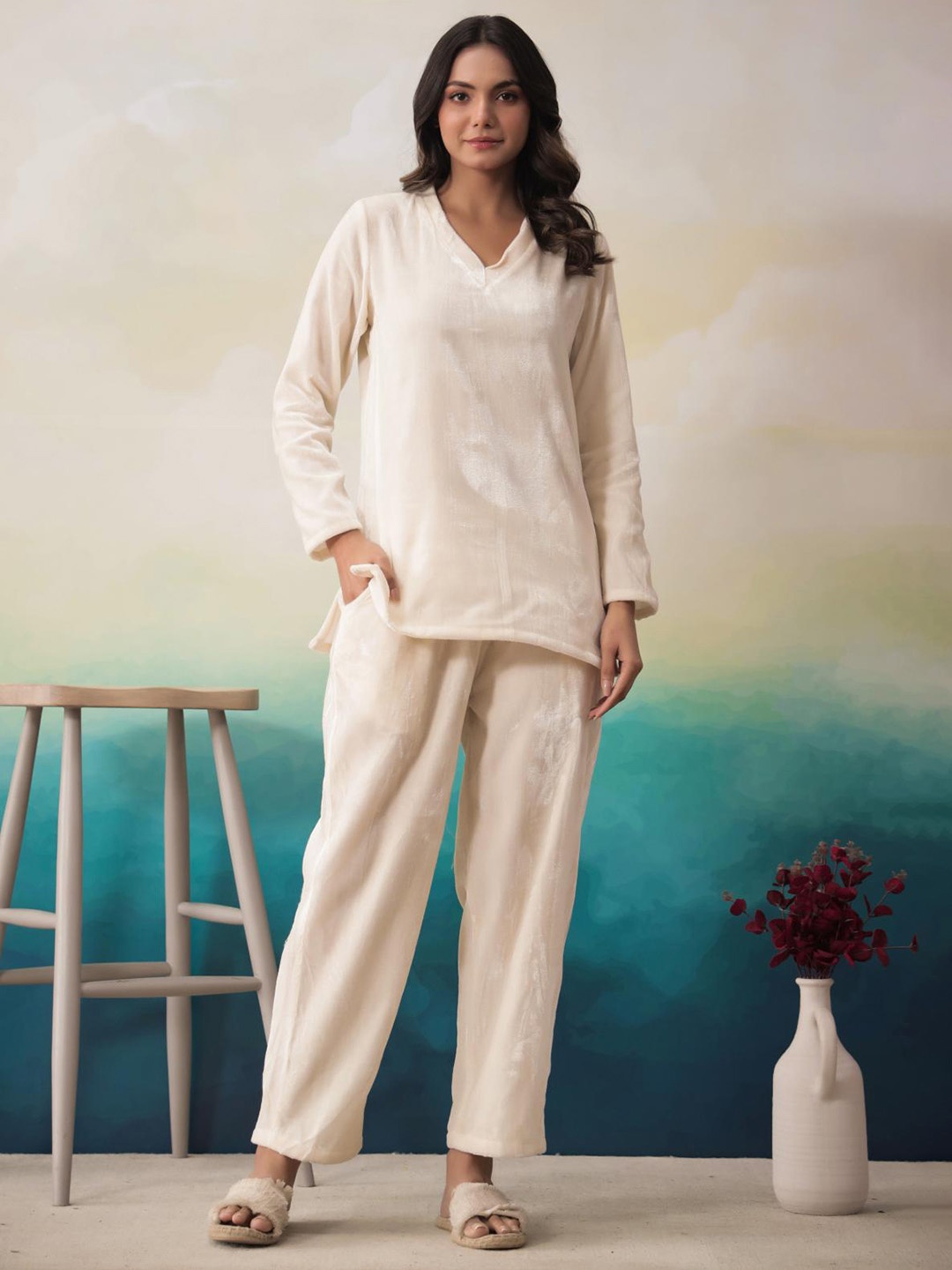 

FLAVIA CREATION Women Super Soft Co-Ords, Cream