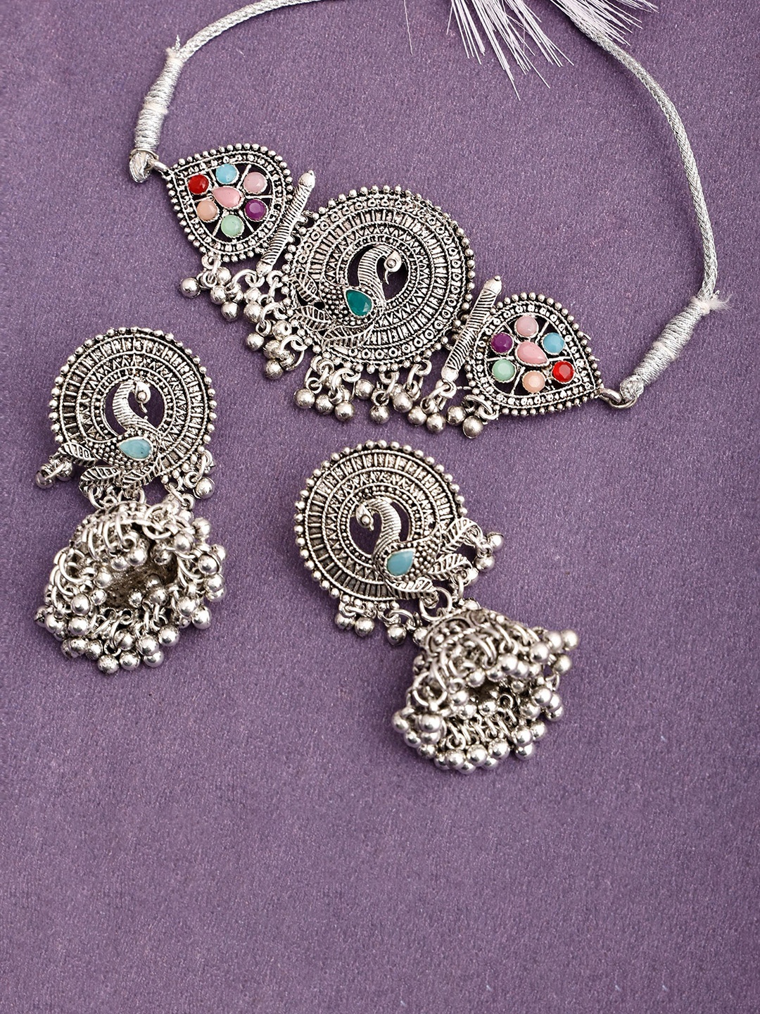 

SUNHARI Oxidised Stones-Studded & Beaded Jewellery Set, Silver