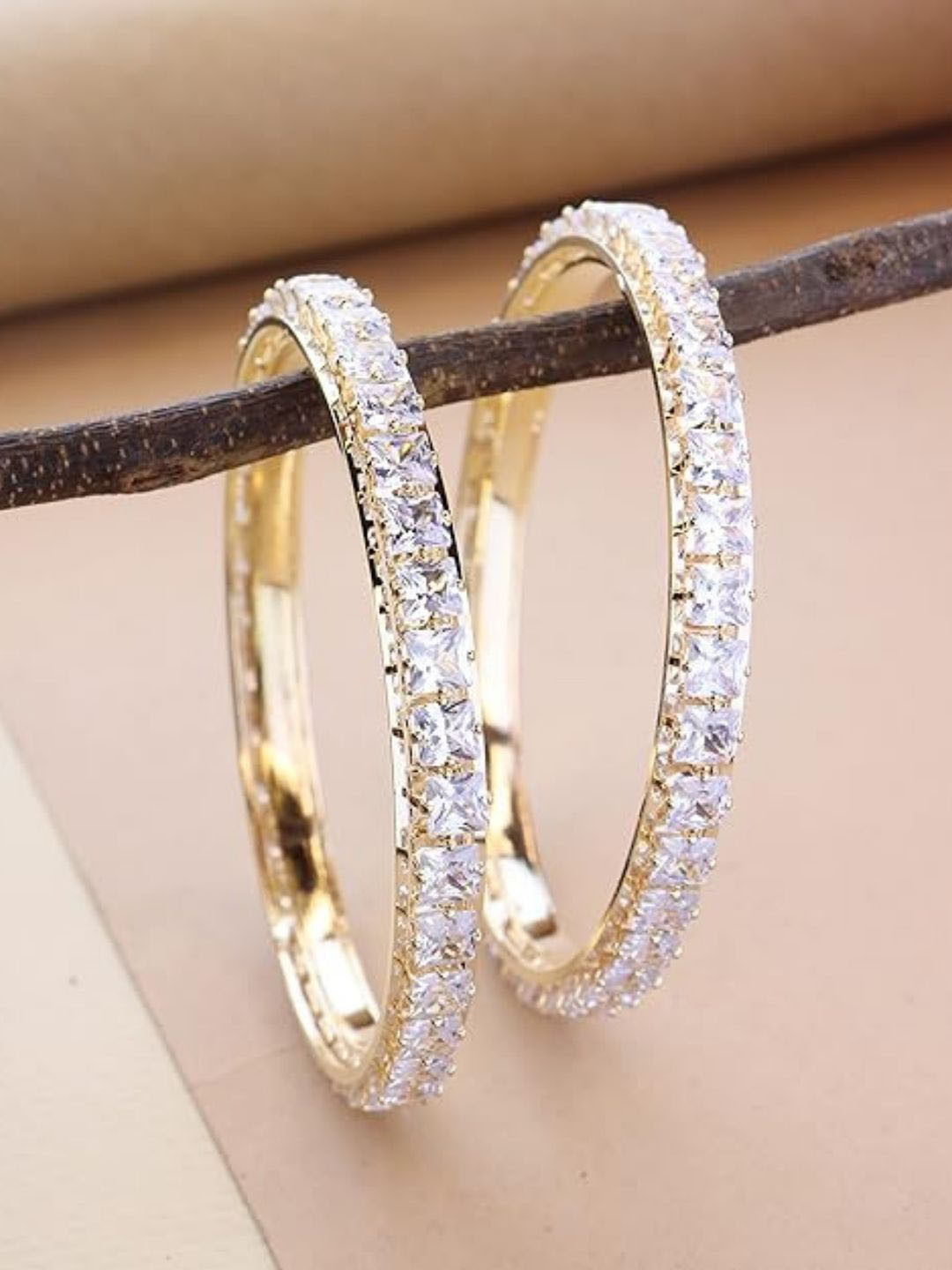 

I Jewels Set Of 2 Sliver Plated CZ American Diamonds Studded Bangles, Silver