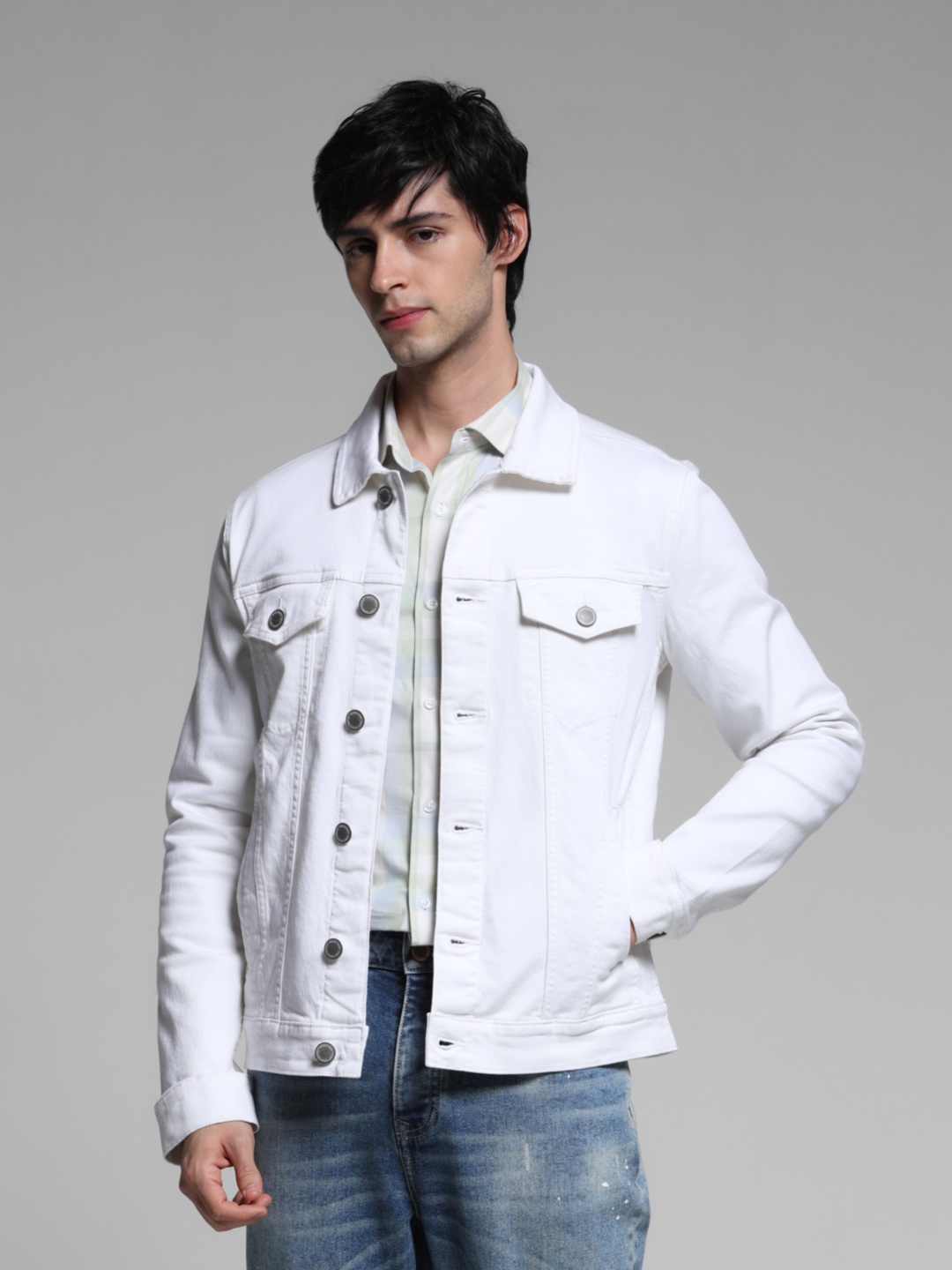 

Jack & Jones Men Spread Collar Solid Cotton Casual Denim Jacket, White