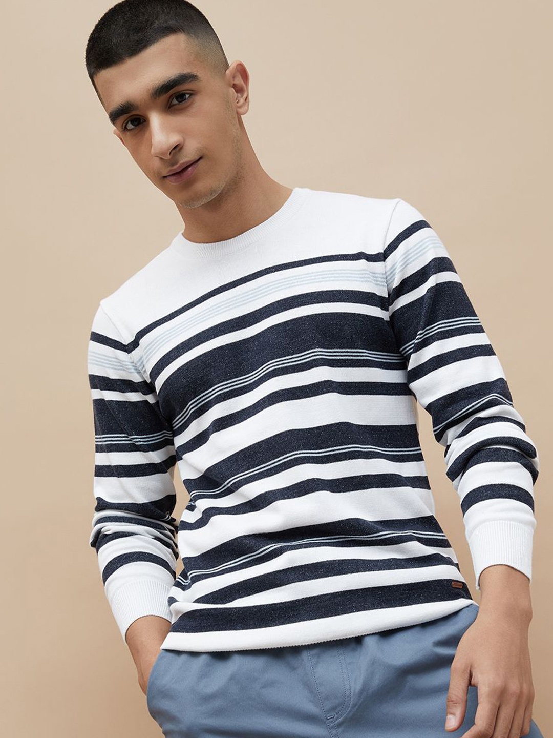 

Fame Forever by Lifestyle Men Striped Round Neck Pullover Sweatshirt, White