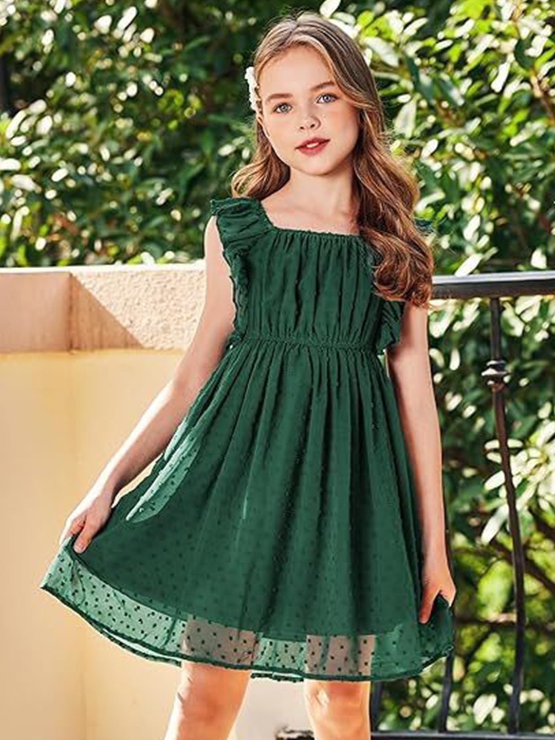 

R Cube Girls Solid Fit & Flare Dress, Green