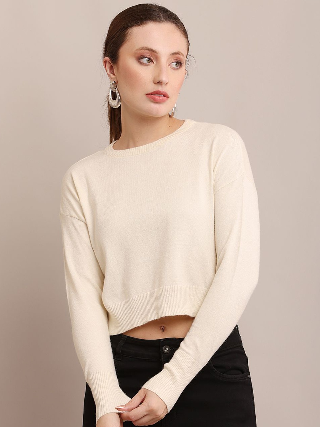 

NoBarr Women Solid Round Neck Pullover Sweater, Cream