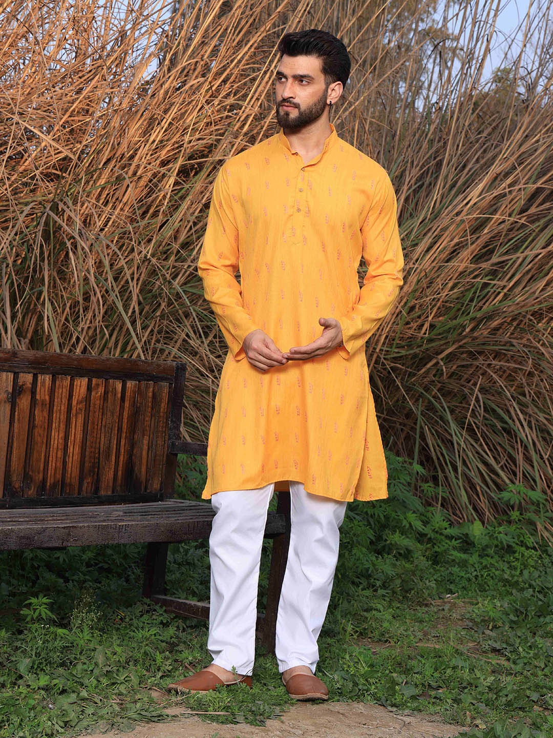 

Armaan Ethnic Men Woven Design Mandarin Collar Long Sleeves Cotton Kurta, Yellow