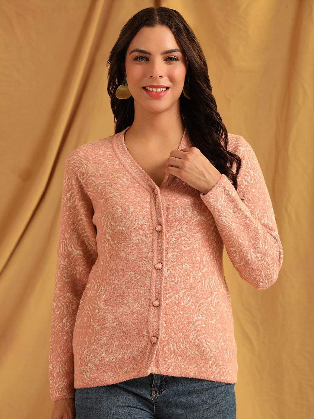 

Cayman Women Self Design V-Neck Ethnic Motifs Woollen Cardigan Sweater, Peach