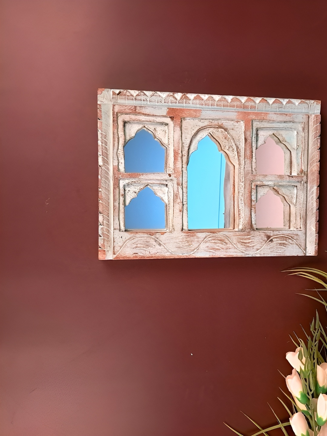 

apka mart Blue Square Shaped Wooden Jharokha Frame With Mirror Wall Decor