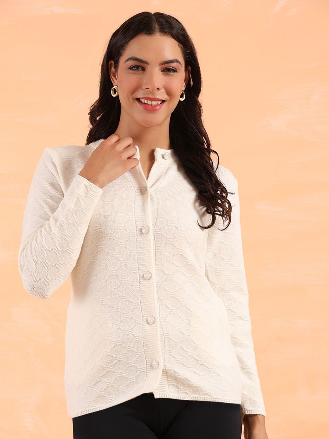 

Cayman Women Self Design Cable Knit Henley Neck Woollen Cardigan Sweater, White