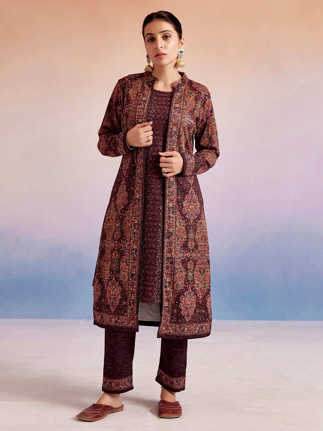 

Jaipur Kurti Women Printed Mandarin Collar Co-ord Set, Maroon