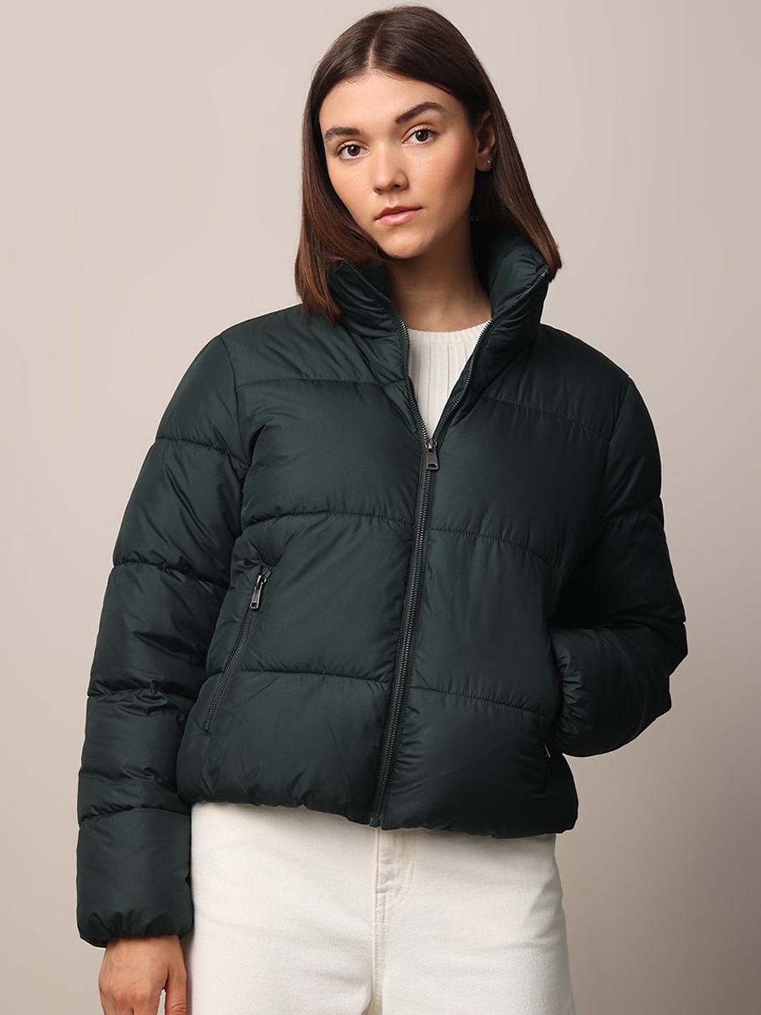 

ONLY Women Mock Collar Solid Casual Puffer Jacket, Green