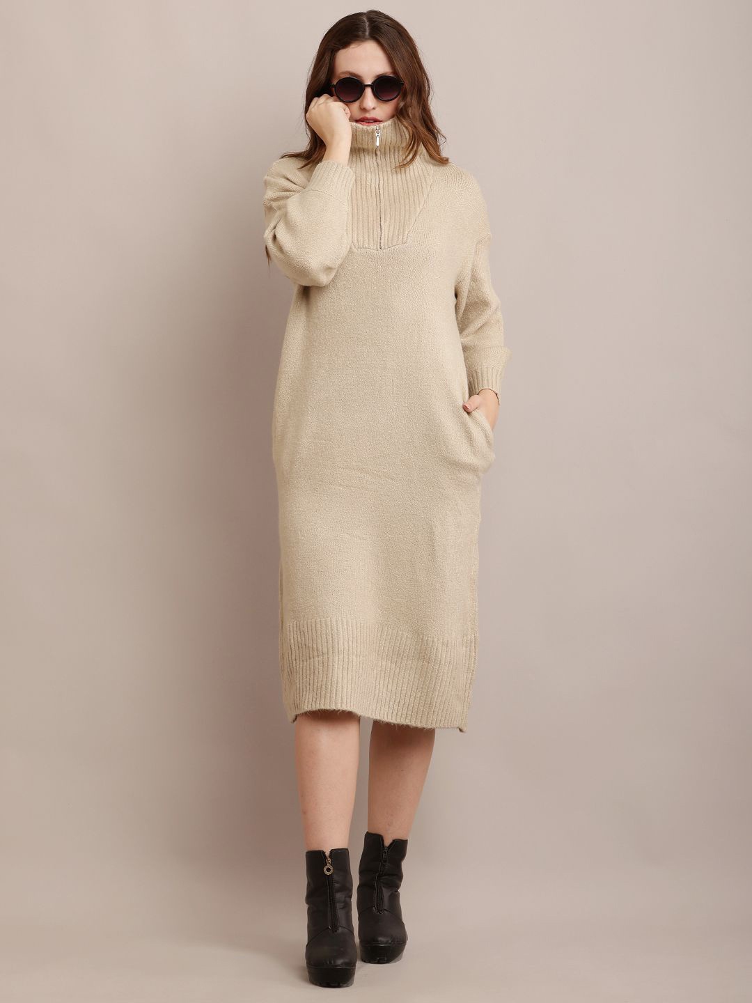 

NoBarr Women Drop Shoulder Acrylic Midi Sweater Dress, Beige