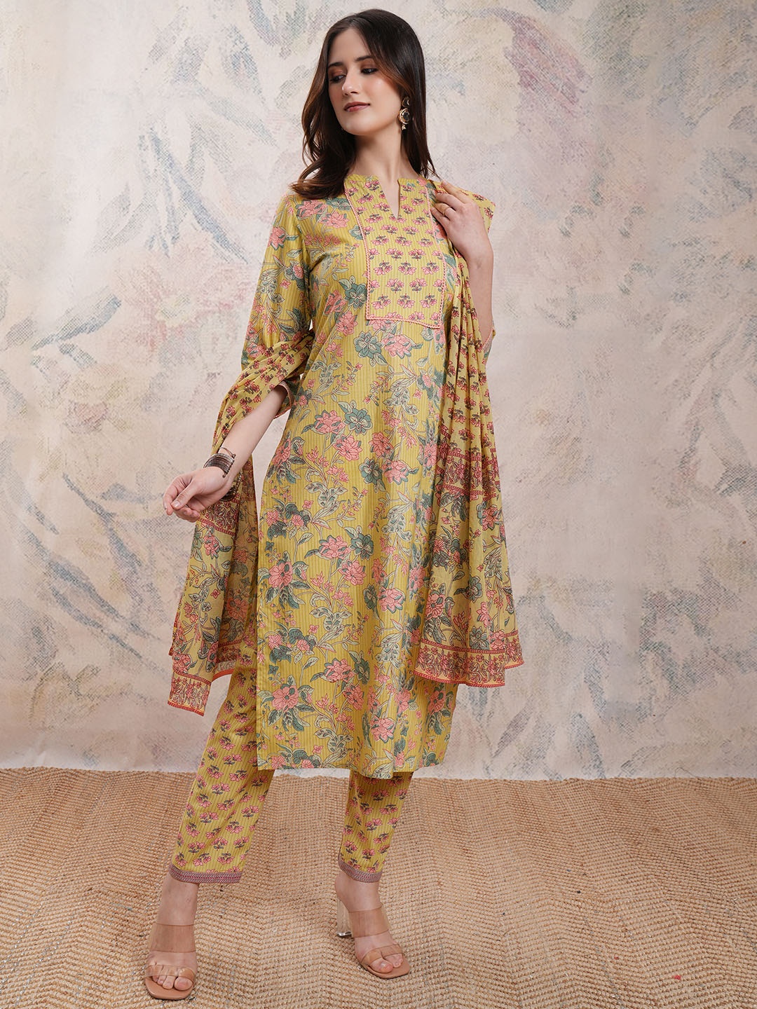 

Vishudh Floral Printed Pure Cotton Kurta With Trousers & Dupatta, Pink